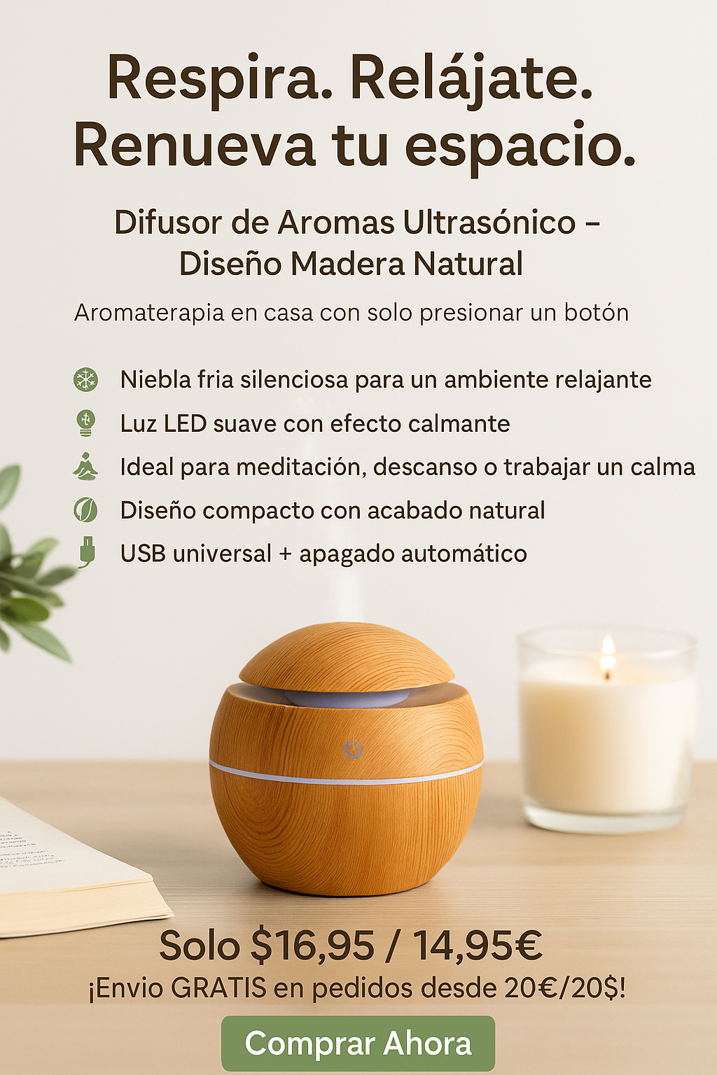 Difusor de Aromas Ultrasónico con Luz LED – Estilo Madera Natural